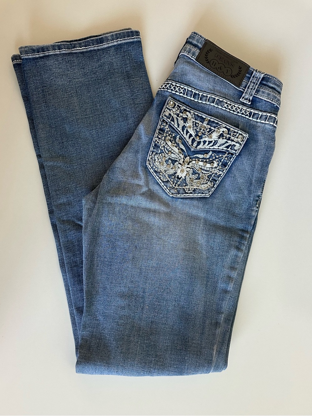 Embroidered Pocket Boot Cut Jeans in Blue women size 1/2
